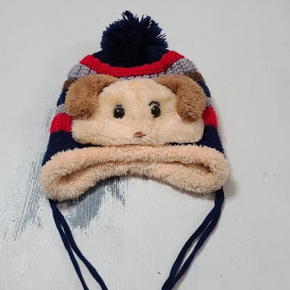 Toddler Boys Knit Winter Hat Toboggan Acrylic Faux Fur Puppy Dog Face‎ EUC